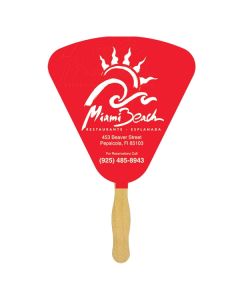 A seashell shaped sandwich fan with a glued wooden handle and a seashell shaped paddle with a red and white logo