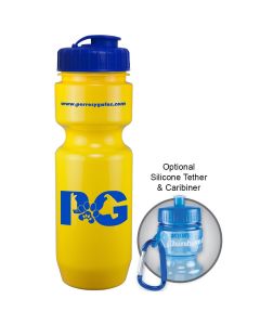 22oz yellow bike bottle with blue logo and flip top lid and an example of carabiner use beside it