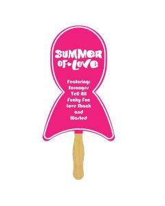 A sandwich fan with a wooden handle and a ribbon paddle with a pink and white logo