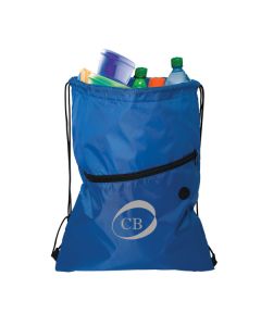 royal blue insulated drawstring cooler with grey logo open to show contents inside