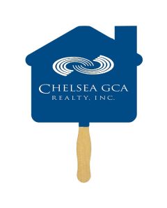 A sandwich fan with a wooden handle and a blue house shaped paddle with a white logo