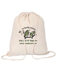 natural cotton drawstring bag with green and black logo