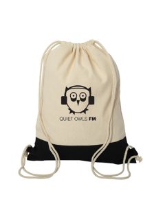 black and natural coloured cotton drawstring bag with black logo
