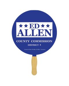A round shaped sandwich hand fan with a glued wooden handle and a round paddle with a blue and white logo