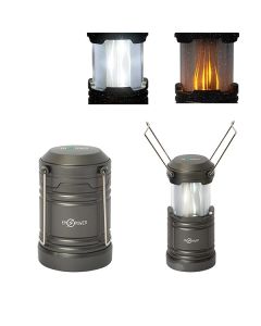 Two grey pop up lanterns with white logos one in the open position and one closed with two examples of lighting types shown above them
