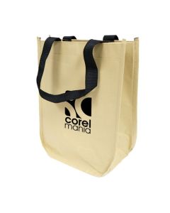 A custom printed Kraft Fashion Tote with black handles. The front logo colour is black.