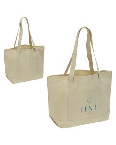 A custom logo recycled cotton tote that has a green brand message printed on the front.