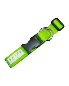 Green custom dog collar with white print for pet-friendly promotional ideas in Canada.