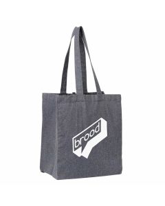 A custom cotton grocery tote made from recycled material. The front has a white printed logo.
