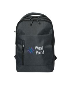 Three images of black laptop backpack with full colour logo