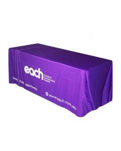 Custom event throw table cloth cover that is purple and white.