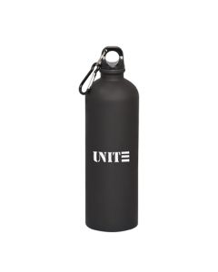 750mL black matte finish bottle with black lid silver and black carabiner and a white logo