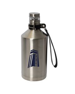 a silver growler with a blue logo