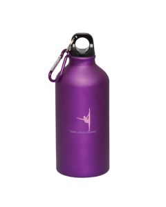 500mL purple aluminum bottle with black lid purple and silver carabiner and a pink logo