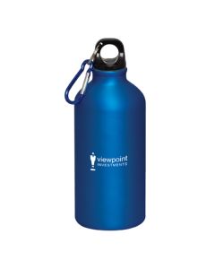 500mL royal blue aluminum bottle with black lid blue and silver carabiner and a white logo