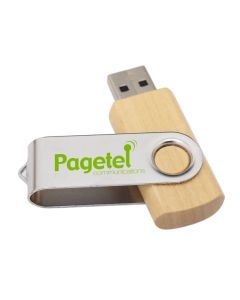 A custom logo bamboo and metal eco-friendly USB drive with a green logo custom printed on it.