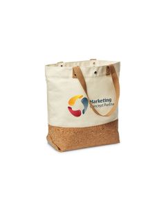 A white custom cotton tote with a cork base. There is a full colour logo on the front of the bag.