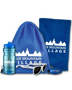 An aqua translucent 20oz water bottle with a white logo with white sunglasses with a blue logo beside it. Behind the bottle there is a blue sports bag with a white logo and a blue rally towel with a white logo