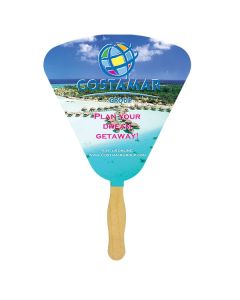 A seashell shaped sandwich fan with a glued wooden handle and a seashell shaped paddle with a full colour logo