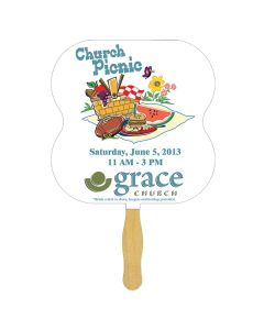 A sandwich hand fan with a wooden handle and a full colour hourglass shaped paddle