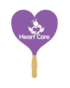 A purple sandwich hand fan with a wooden handle and a white logo on the paddle 