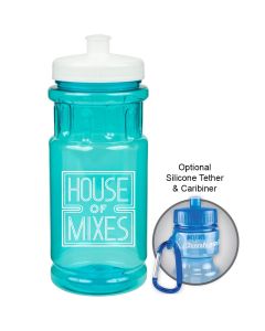 20z translucent aqua water bottle with white lid and logo and example of carabiner use beside it