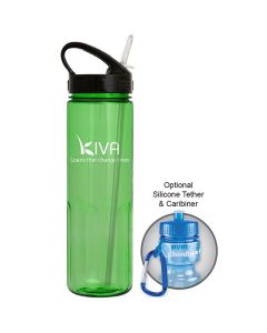 24oz translucent green water bottle with white logo and with black sports sip lid and silver coloured straw next to an example of use with carabiner clip