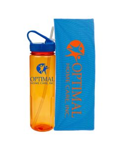 An orange 24oz drinking bottle with a blue lid and logo next to a blue cooling towel with an orange logo