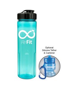 24oz translucent aqua bottle with black flip top lid and white logo with example of carabiner use beside it