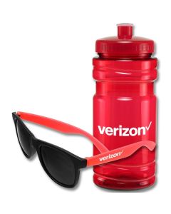 A set of shades with red arms and a white logo on the arm in front of a red 20oz water bottle with a white logo