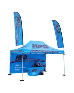 Promotional 10ftx15ft custom tent package with full back wall, one event table cloth and two exhibition feather flags.