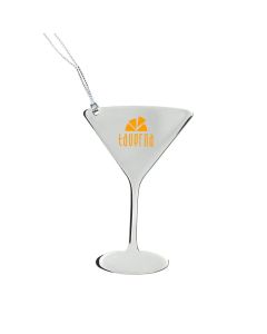 A stainless steel martini glass shaped holiday ornament with w yellow logo on the front