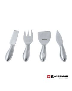 A 4 piece stainless steel cheese knife set made up of a cheese cleaver, a hard cheese knife, a parmesan cheese knife, and a cheese fork