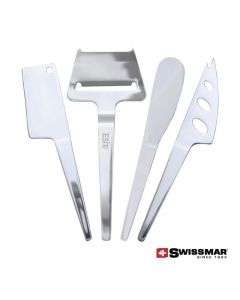 Four slim-line cheese knife utensils that are 1 spreader, 1 cheese cleaver, 1 soft cheese knife, and 1 cheese plane. 