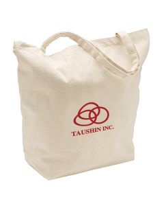 A natural coloured carry all canvas tote. The custom printed bag has a red logo on the front.