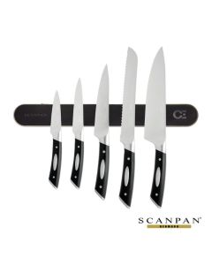 5 knives with a laser engraved logo on the magnetic strip they are attached to