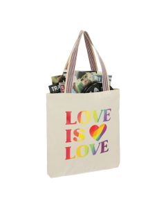 A branded cotton convention tote made from recycled materials. It has a rainbow handle, full colour logo and is filled with items.
