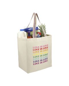 A custom printed recycled cotton grocery tote bag filled with groceries. It has rainbow handles and a full colour logo.