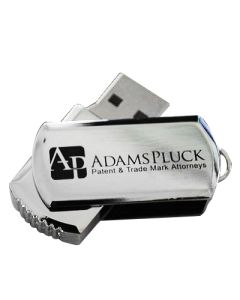 A custom USB metal mini swivel drive. The body is printed with a black logo on the front.