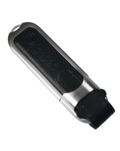 A custom logo black leather and silver metal USB. There is debossed branding on the leather.