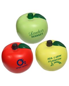 Two red coloured apple shaped stress relievers with the one at the front showing a blue logo on the side and the one at the back showing the reverse side unprinted