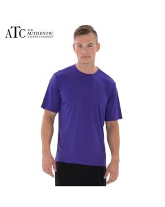 A purple short sleeve T-shirt being worn by a short haired man