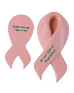 Two images of the a pink ribbon shaped stress reliever, one of the front of the item and one of the back. Both images have green logos on them