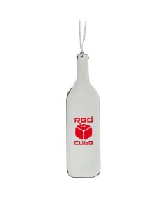 A stainless steel bottle shaped holiday ornament with a red logo on the front