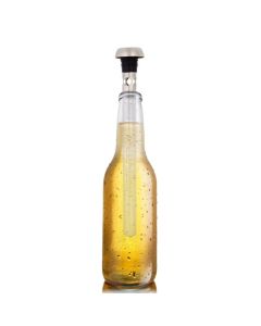 A stainless steel beer chiller half inside a beer bottle filled with beer