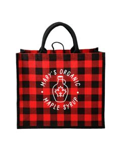 A red and black buffalo plaid tote made from jute. The eco-friendly bag has a white logo on the front.