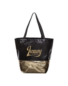 A black and gold Camden custom printed tote. The bag has a metallic finish and gold print.