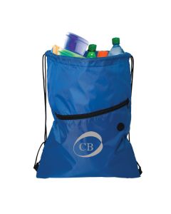 royal blue insulated drawstring cooler with grey logo open to show contents inside