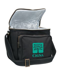 black with brown stitching polyester cooler bag in the open position with green logo on the front
