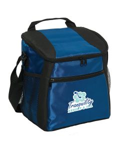 A blue with black accents cooler bag with full colour logo